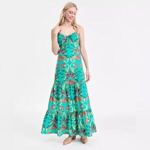 I.N.C. COTTON FLORAL TIERED MAXI DRESS STRAPPY SUNDRESS SMOCKED BACK Green M